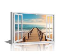 TISHIRON Ocean Wall Paintings for Living Room Seascape View from a Window Modern Office Wall Art Large Wall Decor Sunset Canvas Wall Art for Bedroom Artwork Giclee Framed Ready to Hang, 24x16in