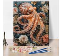 TISHIRON Octopus Acrylic Canvas Paint by Number Kit for Adults | 16x20 inch unframed abstract DIY octopus among aquatic roses painting by number on canvas with acrylic paints and 3 brushes