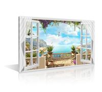 TISHIRON Office Decor Nature Seascape Pictures Wall Art 1 Panel Sea Beach Wall Decor for Bedroom Beach View With Window Posters & Prints Stretched and Framed Ready to Hang (12" Wx18 H)