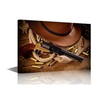 TISHIRON Old West Canvas Wall Art for Bedroom Gun and Bullets Wall Paintings for Living Room Cowboy Hat Office Modern Wall Art 1 Panel Pictures Print On Canvas Giclee Framed Ready to Hang, 24x16in