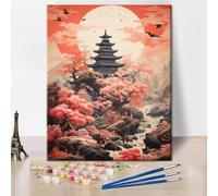 TISHIRON Pagoda Paint by Number Kits for Adults Beginners Pink Cherry Blossom Painting by Numbers DIY Oil Painting Kit Drawing Paintwork for Gift Home Wall Decor 16x20 Inch Without Frame
