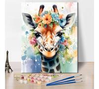 TISHIRON Paint by Number Kits Portrait of a Giraffe with Flowers Paint by Numbers for Adults Beginner Meadow Animals Countryside Paintwork Paint Canvas Oil Painting 40x50cm