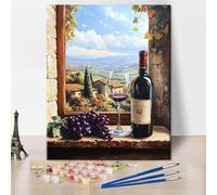 TISHIRON Paint by Numbers Adult, Paint by Numbers Adult, Vineyard Landscape with Red Wine Bottle on Window and Grapes - Size 16 x 20 Inches