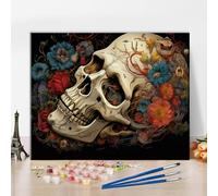 TISHIRON Paint by Numbers Adults A Skull Surrounded by Flowers Painting by Numbers Skull Picture Painting by Numbers Adults DIY Oil Painting Kit for Beginners 40 x 50 cm (Frameless)