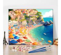 TISHIRON Paint by Numbers Adults Crystal Amalfi on the Mediterranean Coast, Italy Landscape Hand Painted Oil Painting Kit for Beginners, with 3 Brushes Hand Painted Oil Painting Kit 40 x 50 cm