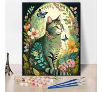 TISHIRON Paint by Numbers for Adults A Cute Cat with Flowers and Butterflies Paint Number Kits Vintage Paint by Number DIY Painting for Adults Paint by Number Kits Decor, 16x20 Inch
