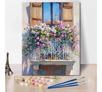 TISHIRON Paint by Numbers for Adults Beautiful Balcony with Flowers in Provence Adults' Paint by Number Kits France Landscape Art Painting Kits with Brushes Oil Painting Art Crafts 16x20 in