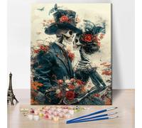 TISHIRON Paint by Numbers for Adults Beginner,Romance Skull Red Roses Butterflies and Floral Painting Skeleton Couple Paint by Number Kit on Canvas,Oil Painting Set 40x50cm (Without Frame)