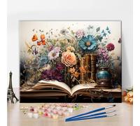 TISHIRON Paint by Numbers for Adults Books and Flowers Themed Watercolor Art Kit DIY Painting on 16x20 Inch Canvas with Acrylic Paints Brushes Relaxing Creative Hobby for Home Decor Gift Ideas