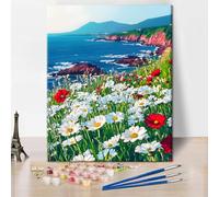 TISHIRON Paint by Numbers for Adults Colorful Beach Wildflowers in Spring DIY Painting Kit 16x20 Inch Canvas with Paints Brushes Seaside Floral Art Relaxing Wall Decor Gift