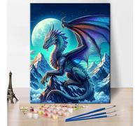 TISHIRON Paint by Numbers for Adults Fantasy Dragon Flying Under Moonlight DIY Art Kit with Pre Printed Canvas Acrylic Paints and Brushes for Stress Relief and Wall Decor 16x20 Inch