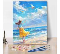 TISHIRON Paint by Numbers for Adults Girl Flying a Kite at The Seaside Color by Number for Adult Adult Paint by Number Kits On Canvas DIY Painting Paint-by-Number Kits Home Decor, 40x50cm