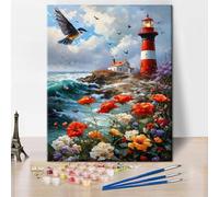 TISHIRON Paint by Numbers for Adults, Lighthouse Paint by Number, Adult Paint by Number Kits On Canvas, Poppies Sky Color by Number, Oil Painting Kits DIY Craft Kits for Adults, 40x50cm