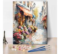 TISHIRON Paint by Numbers for Adults Paris Street Flowers Watercolor Painting Kit DIY Art Set with Canvas Brushes and Acrylic Paints Great for Relaxation and Home Decor 16x20 Inch
