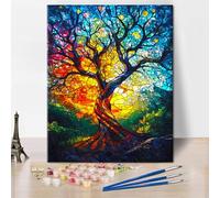 TISHIRON Paint by Numbers for Adults Stained Glass Tree of Life Art Kit Vibrant Colors Christmas Decor Intricate Patterns Canvas Painting Spiritual Gift 16x20 Inch