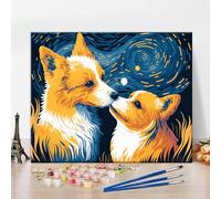 TISHIRON Paint by Numbers for Adults, Two Corgi Dogs Adults' Paint-by-Number Kits Starry Sky Pet Art Paint by Number Canvas Oil Painting Paint-by-Number Kits Home Wall Decor 16 x20 Inch