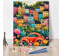 TISHIRON Paint by Numbers Kit for Adults Beginner,Cartoon Drawing Adult Paint by Number Kits on Canvas, Car and Colorful Village with Flowers DIY Oil Paint by Number for Home Decor 16x20 Inch