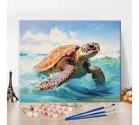 TISHIRON Paint by Numbers Kit for Adults Beginner Sea Turtle Number Painting Kits with 3 Brushes, Acrylic Painting by Numbers Kits on Canvas Without Frame 40x50cm - Turtles Running in The sea
