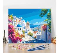 TISHIRON Paint by Numbers Kit for Adults, Color by Numbers for Adults - Stunning Greek Island Scene with White Buildings and Blue Domes Over Aegean Sea Landscape DIY Painting Kits - 16x20 inch