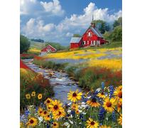 TISHIRON Paint by Numbers Kit for Adults - Countryside Farmhouse & Wildflower Fields Color by Number on Canvas Without Frame, Serene River Landscape Art Crafts for Adults - 16x20 Inch
