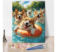 TISHIRON Paint by Numbers Kit for Adults - Cute Corgi Puppies Fun Swimming Pool Party Theme Art for Home Decor, Paint by Number(16x20 Inch)