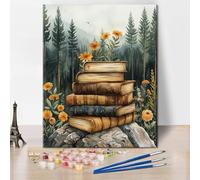 TISHIRON Paint by Numbers Kit for Adults - Forest Landscape Adults' Paint-by-Number Kits on Canvas Without Frame, Books with Flowers DIY Acrylic Painting for Home Wall Decor 16x20 Inch