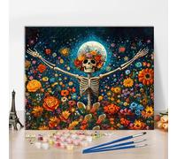TISHIRON Paint by Numbers Kit for Adults, Paint by Number - Gothic Skeleton in Flower Field Under Full Moon Mysterious Dark Art for Home Decor(16x20 Inch)