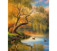 TISHIRON Paint by Numbers Kit for Adults - Serene River with Willow Trees & Ducks Color by Number Canvas - Relaxing DIY Art Craft Kits - 16x20 Inch