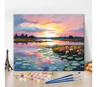TISHIRON Paint by Numbers Kit for Adults Sunset Lake Landscape Painting DIY Art with 16x20 Inch Canvas Acrylic Paints and Brushes Impressionist Style Scenery Relaxing Hobby Gift Idea