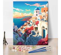 TISHIRON Paint by Numbers, Santorini Greece Landscape Paint by Number for Adults, Paint by Number Kits on Canvas Drawing Paintwork, Easy Paint by Numbers for Art Crafts, 16"x20"(Frameless)