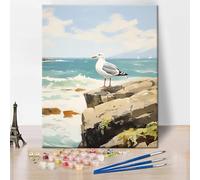 TISHIRON Painting by Numbers for Adults, Seagull DIY Paint by Numbers, Seagull Standing on The Rock by The Sea, 16x20 Inch