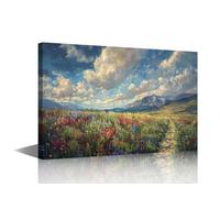 TISHIRON Path Through a Blossoming Meadow to Mountains Canvas Wall Art for Living Room Home Decor Flower Posters Wall Decor for Bedroom Bathroom Office Framed Ready to Hang 12" Wx18 H