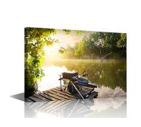 TISHIRON Peaceful Lake Scenery Canvas Wall Art Large Size Angler Posters and Print Bathroom Fishing Tackle Artwork Prints Rustic Farmhouse Wall Decor Ready to Hang,s Decor 36x24in