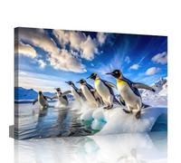 TISHIRON Penguin Wall Art, Adorable Playful Penguins Sliding on Ice Canvas Wall Decor Print Snowy Landscape Wall Paintings for Living Room Bedroom Framed Ready to Hang(36" Wx24 H)