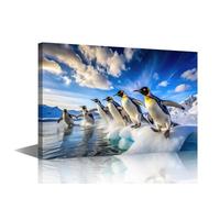 TISHIRON Penguin Wall Art, Adorable Playful Penguins Sliding on Ice Canvas Wall Decor Print Snowy Landscape Wall Paintings for Living Room Bedroom Framed Ready to Hang(18" Wx12 H)