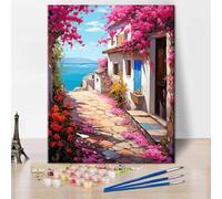 TISHIRON Pink Flowers Paint by Number for Adults, Seaside Easy Paint by Numbers for Adults Beginner, DIY Path Painting by Numbers with Brushes Art Crafts for Home Gift Home Wall Decor