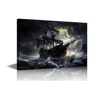 TISHIRON Pirate Ship Nautical Canvas Wall Art for Living Room Black and White Modern Abstract Painting Ghost Ship Picture for Bedroom Office Home Wall Decorations Frame Wall Decor, 18x12in