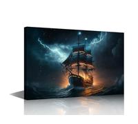 TISHIRON Pirate Ship Nautical Wall Art Painting Ghost Ship Bedroom Living Room Wall Decor Medieval Framed Modern Pictures Canvas Prints Artwork for Wall Decor Bathroom Office Decorations, 18x12in