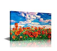 TISHIRON Red Flowers Canvas Prints Wall Art Flower Field under the Setting Sun Oil Paintings Pictures for Home Decorations Modern Stretched and Framed Giclee Artwork 16x24 inch