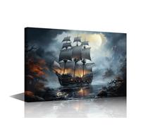 TISHIRON Sailboat Nautical Canvas Wall Art Pirate Ship in the Sea Posters Prints Artwork Contemporary Home Decor Stretched Canvas Picture for Living Room Bedroom Home Office Decor 24x16 in