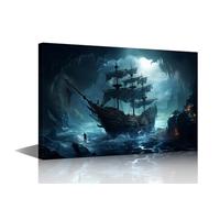 TISHIRON Sea Landscape Modern Wall Art Pirate Ship House Decorations for Living Room Sailboat Canvas Wall Art Paintings for Bedroom Cavern Office Decor Artwork Framed Easy to Hang - 18x12in