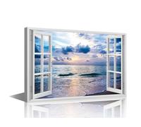 TISHIRON Sea Wave Wall Art for Bedroom Coastal Canvas Painting 3D Window Effect Large Wall Art for Living Room Contemporary Home Decor 1 Panels Stretched on Wooden Frame, 36x24in