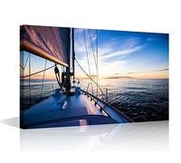 TISHIRON Seascape Wall Paintings for Living Room Sea Skyline Modern Office Wall Art Yacht Sailing in Sea at Sunset Large Wall Decor Canvas Wall Art for Bedroom Artwork Framed Ready to Hang, 24x16in