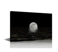 TISHIRON Seaside Nightscape 1Pcs Black and White Modern Abstract Art Print Moon Canvas Wall Art for Bedroom Living Room Bathroom Study Hotel Wall Decor Gifts 24x16in