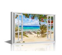 TISHIRON Seaside Wall Art 1 Piece 3D Window Effect Pictures Canvas Print Vacation Style Artwork for Home Walls Beach Framed Painting for Bedroom Office Decorations, 24x16in