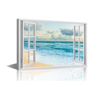 TISHIRON Seaside Wall Art Beach Pictures Scenery Print On Canvas 3D Window View Modern Artwork Wall Art for Living Room Office Giclee Gallery Wrapped Posters Framed Ready to Hang, 24x16in