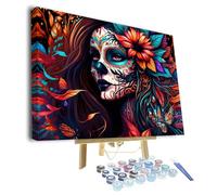 TISHIRON Skull Girl Paint by Number for Adults with 3 Brushes Day of The Dead Acrylic Painting by Numbers Kits Canvas Gifts Paintwork Flowers Art Crafts for Home 16"x20"(Framed)