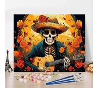 TISHIRON Skull Paint by Number for Adults Beginner with 3 Brushes Mexican Day of The Dead Acrylic Painting by Numbers Kits Skull Playing Guitar DIY Oil Painting Kits Gift Art Crafts for Home 16"x20"