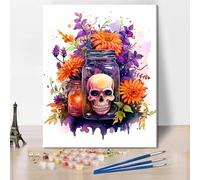 TISHIRON Skull Paint by Numbers Kit, Inside The Jar DIY Art, Flowers Watercolor on Canvas, 16x20 inch