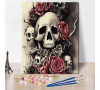 TISHIRON Skull with Flowers Paint by Numbers, Roses and Halloween Paint by Numbers for Adults, Skull Paint by Number with Brushes and Pigment for Home Wall Decoration, 16x20 Inch (Frameless)
